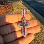 Pink Iced Out Cross Pendant | 14K White Gold Plated Pink CZ Christian Cross Necklace Hip Hop Pendant with Free Rope Chain