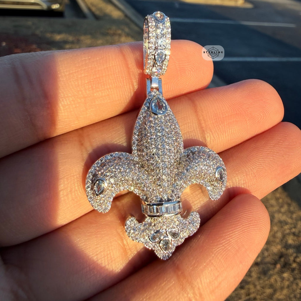 Fleur De Lis 14K White Gold Plated Iced Out Pendant
