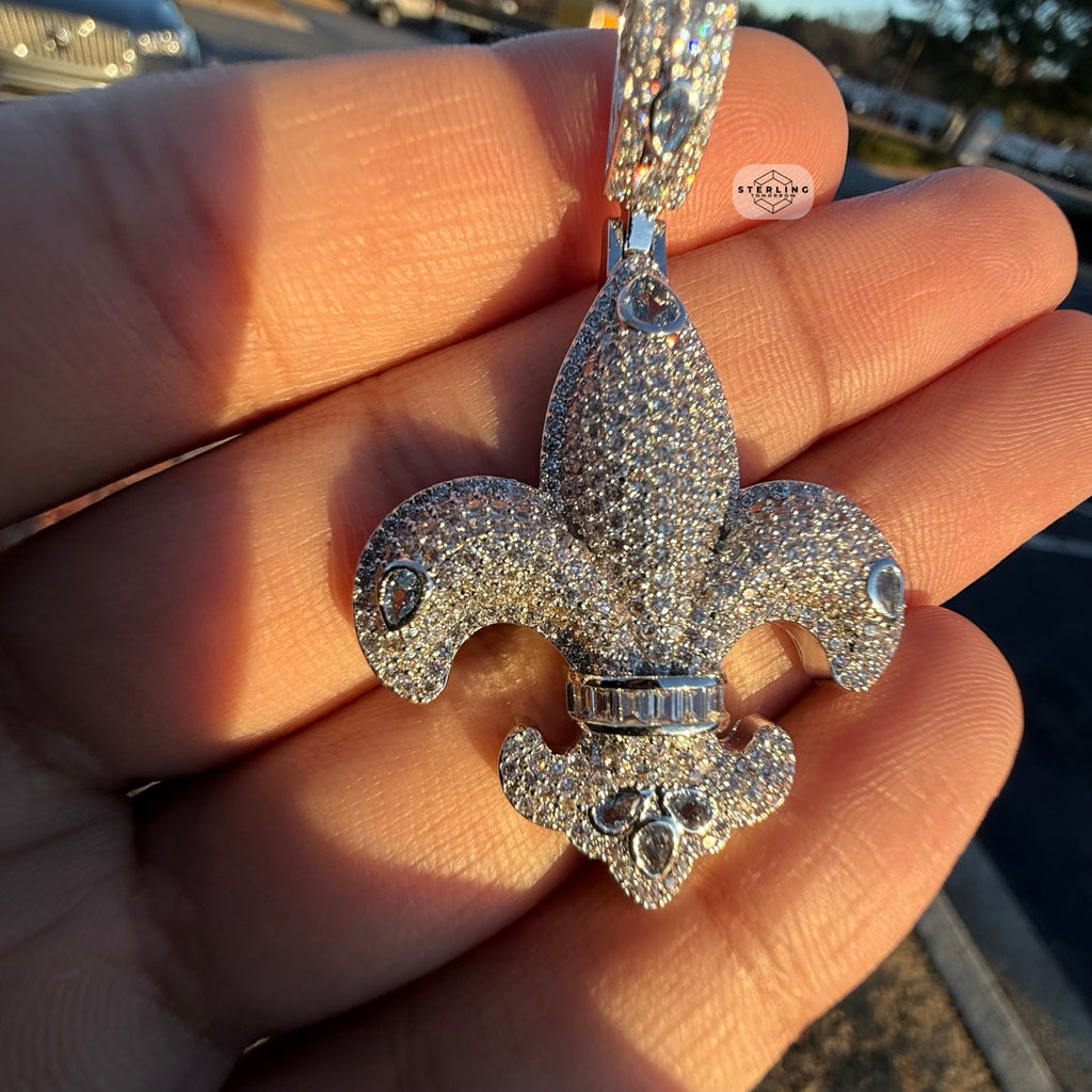 Fleur De Lis 14K White Gold Plated Iced Out Pendant