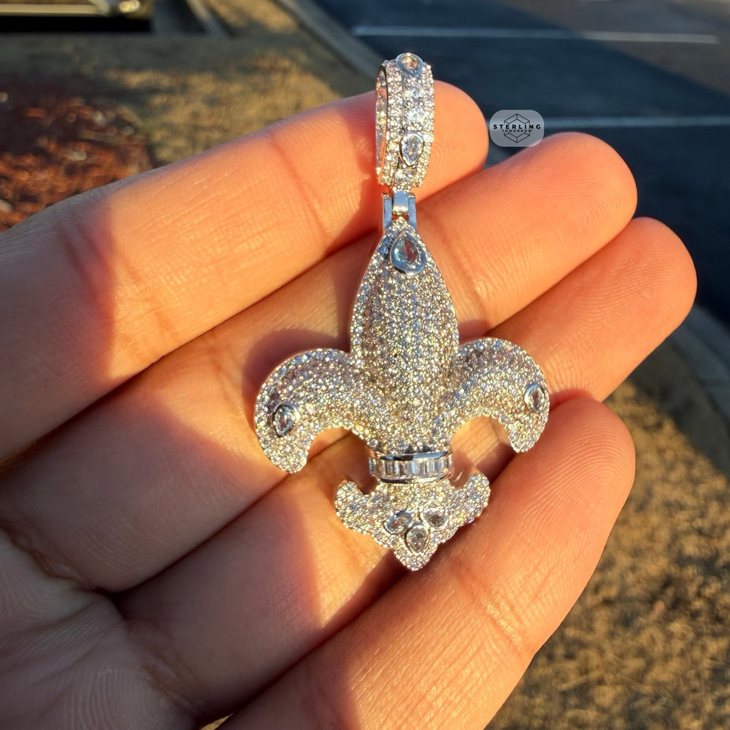 Fleur De Lis 14K White Gold Plated Iced Out Pendant