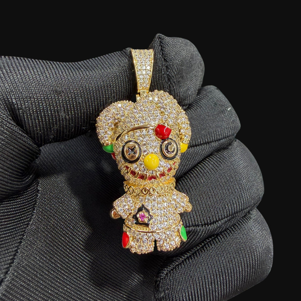 14K Gold Iced Out Voodoo Bear Pendant | CZ Diamond Hip Hop Necklace | Stitched Doll Bling Charm with Free 22–24" Chain