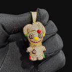14K Gold Iced Out Voodoo Bear Pendant | CZ Diamond Hip Hop Necklace | Stitched Doll Bling Charm with Free 22–24" Chain