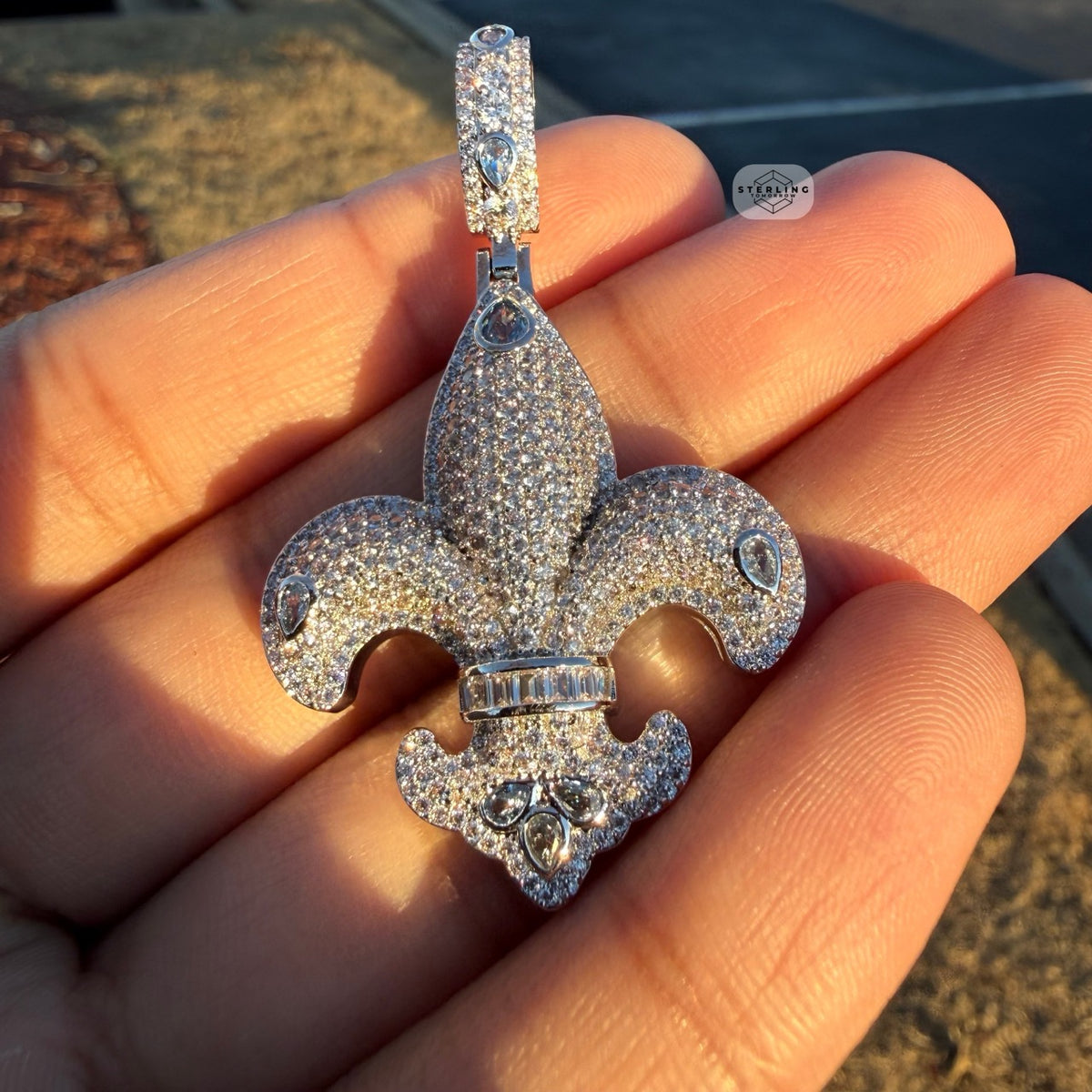 Fleur De Lis 14K White Gold Plated Iced Out Pendant