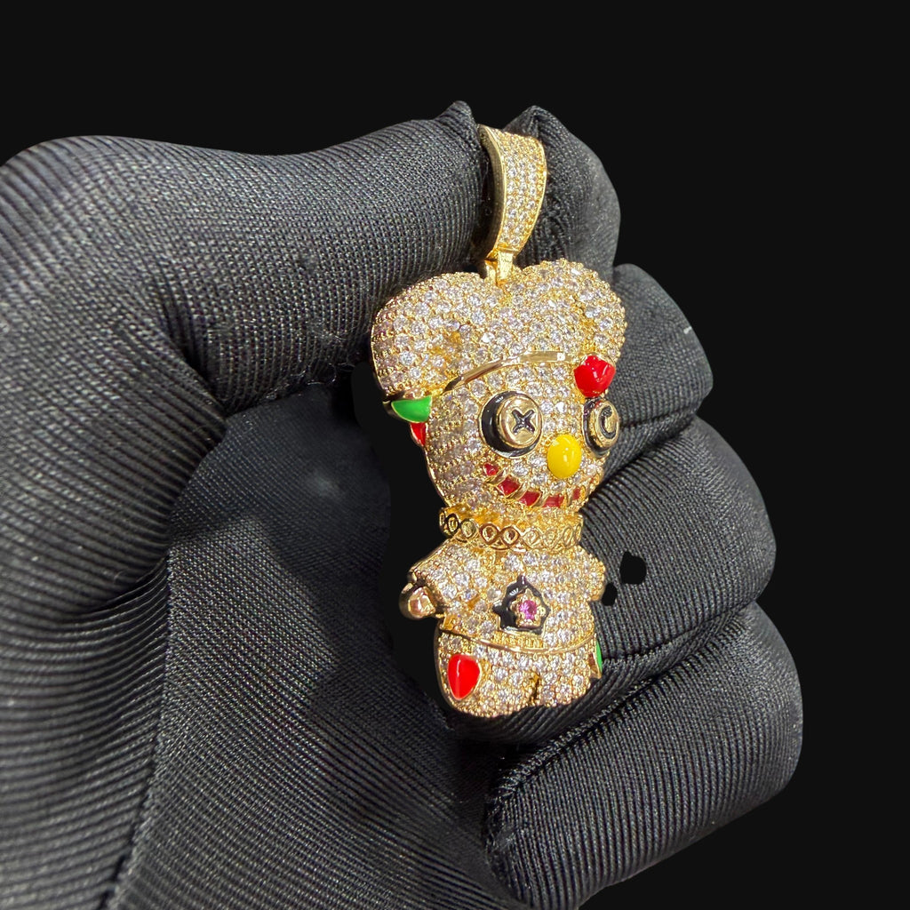 14K Gold Iced Out Voodoo Bear Pendant | CZ Diamond Hip Hop Necklace | Stitched Doll Bling Charm with Free 22–24" Chain