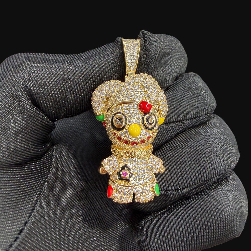 14K Gold Iced Out Voodoo Bear Pendant | CZ Diamond Hip Hop Necklace | Stitched Doll Bling Charm with Free 22–24" Chain