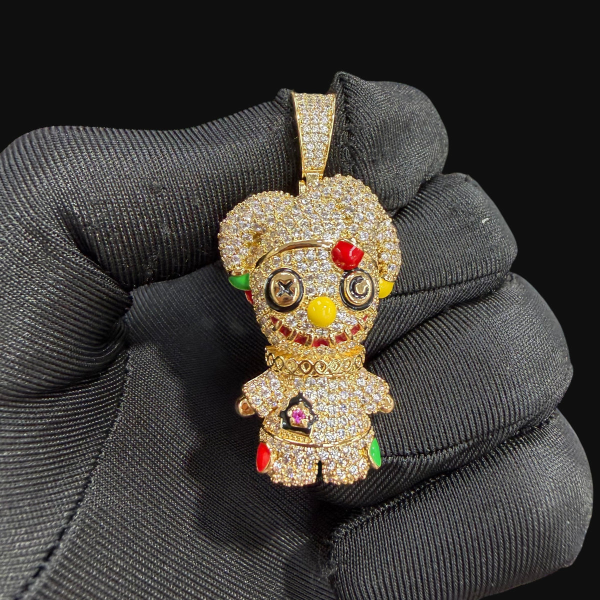14K Gold Iced Out Voodoo Bear Pendant | CZ Diamond Hip Hop Necklace | Stitched Doll Bling Charm with Free 22–24" Chain