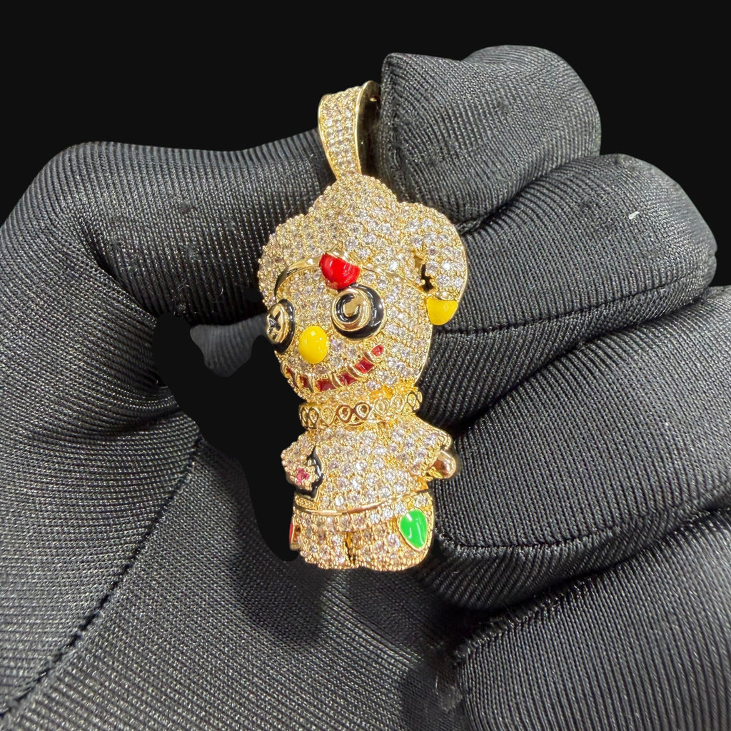 14K Gold Iced Out Voodoo Bear Pendant | CZ Diamond Hip Hop Necklace | Stitched Doll Bling Charm with Free 22–24" Chain