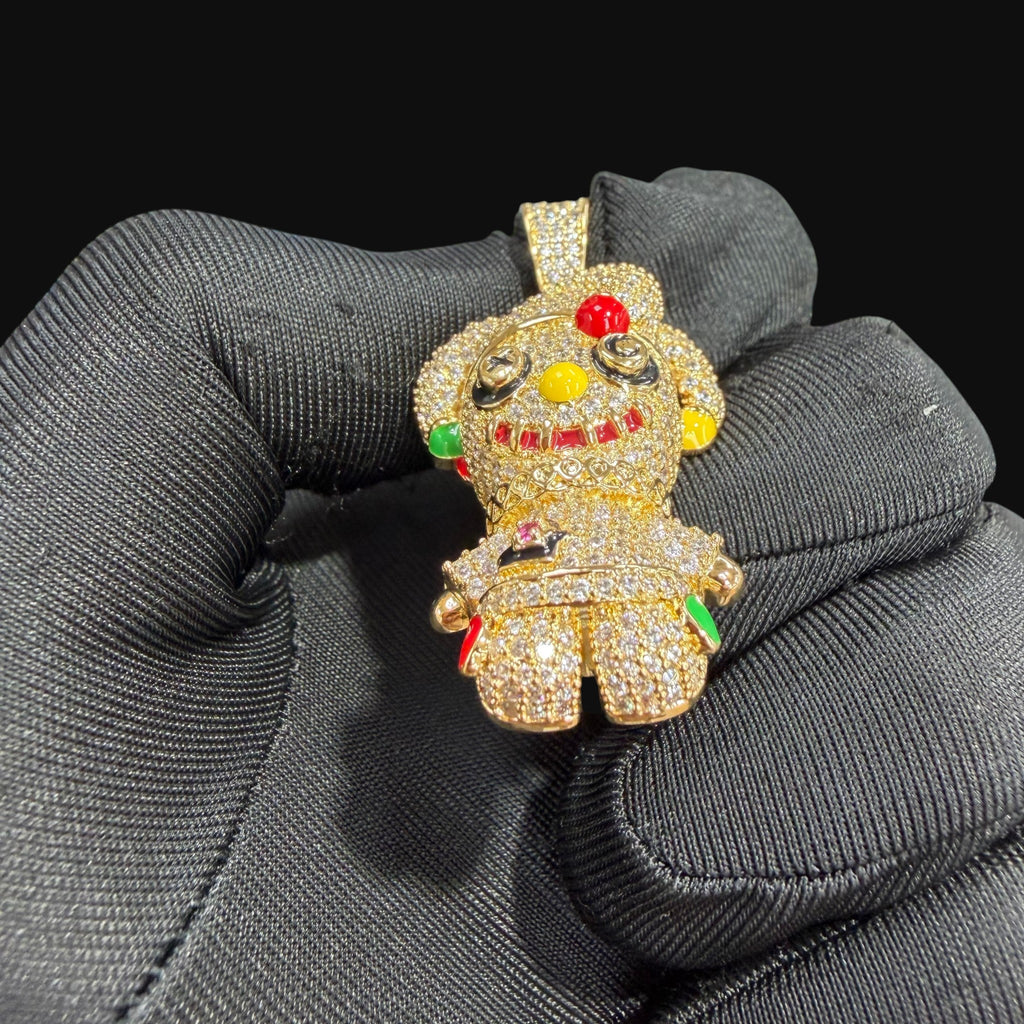 14K Gold Iced Out Voodoo Bear Pendant | CZ Diamond Hip Hop Necklace | Stitched Doll Bling Charm with Free 22–24" Chain