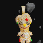 14K Gold Iced Out Voodoo Bear Pendant | CZ Diamond Hip Hop Necklace | Stitched Doll Bling Charm with Free 22–24" Chain