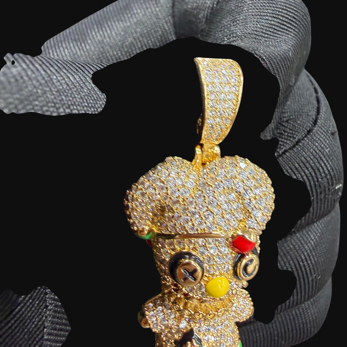 14K Gold Iced Out Voodoo Bear Pendant | CZ Diamond Hip Hop Necklace | Stitched Doll Bling Charm with Free 22–24" Chain
