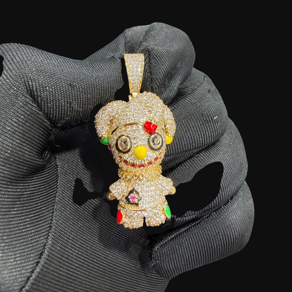 14K Gold Iced Out Voodoo Bear Pendant | CZ Diamond Hip Hop Necklace | Stitched Doll Bling Charm with Free 22–24" Chain