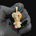 14K Gold Iced Out Voodoo Bear Pendant | CZ Diamond Hip Hop Necklace | Stitched Doll Bling Charm with Free 22–24" Chain