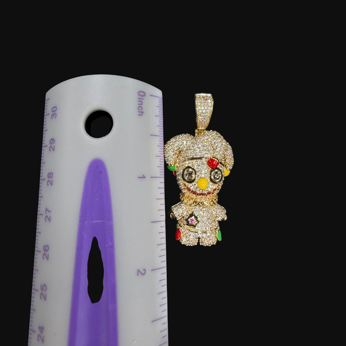 14K Gold Iced Out Voodoo Bear Pendant | CZ Diamond Hip Hop Necklace | Stitched Doll Bling Charm with Free 22–24" Chain