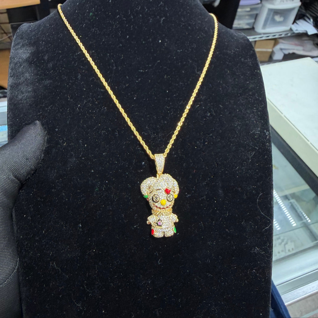 14K Gold Iced Out Voodoo Bear Pendant | CZ Diamond Hip Hop Necklace | Stitched Doll Bling Charm with Free 22–24" Chain