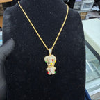 14K Gold Iced Out Voodoo Bear Pendant | CZ Diamond Hip Hop Necklace | Stitched Doll Bling Charm with Free 22–24" Chain