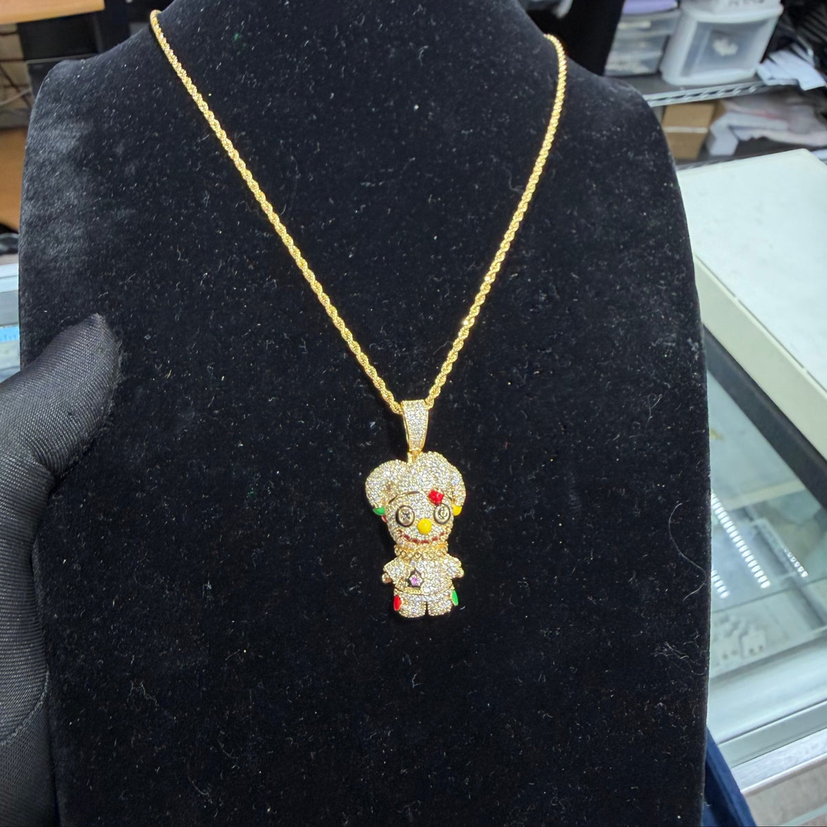 14K Gold Iced Out Voodoo Bear Pendant | CZ Diamond Hip Hop Necklace | Stitched Doll Bling Charm with Free 22–24" Chain