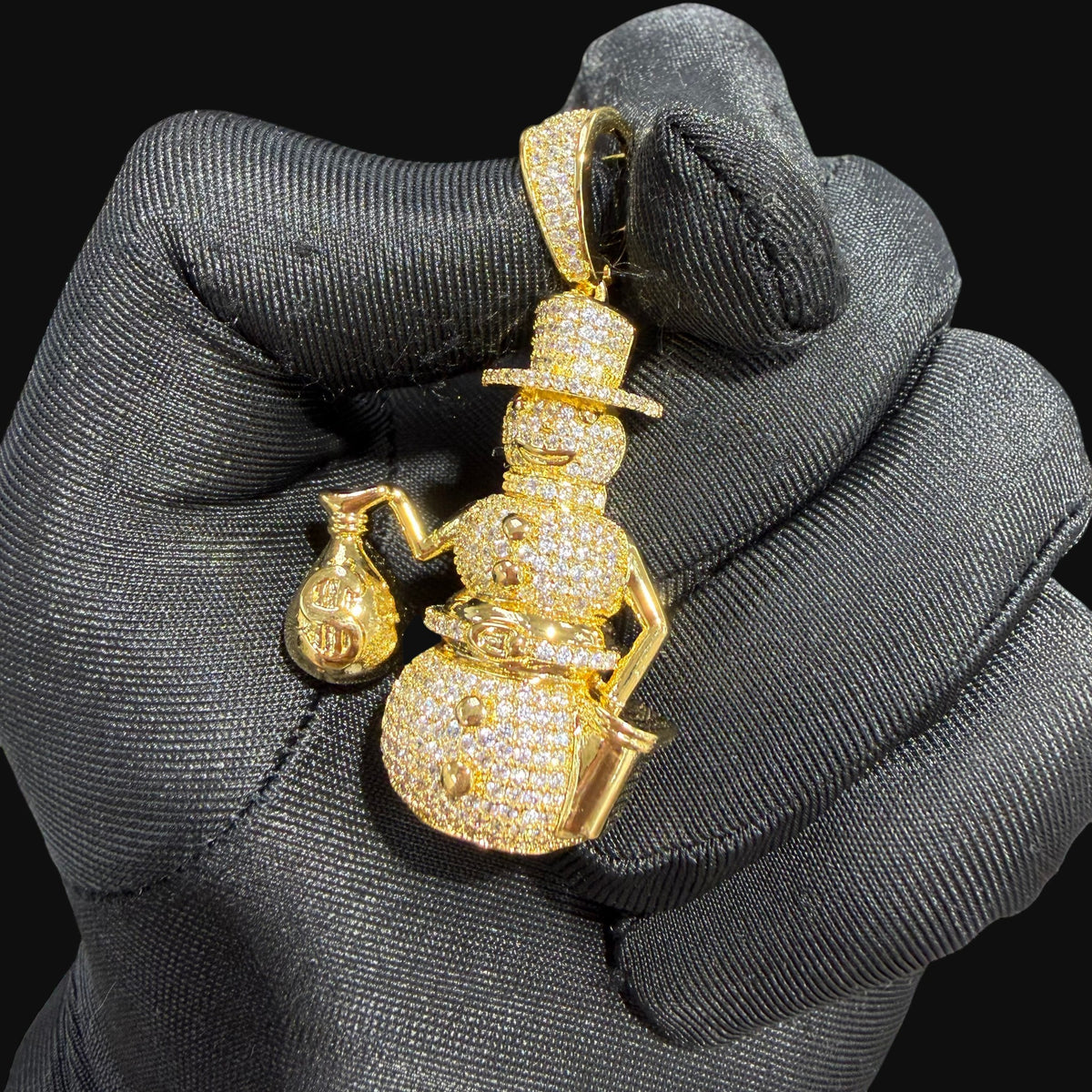 14K Gold Iced Out Snowman Pendant | CZ Diamond Hip Hop Necklace | Money Bag Bling Charm