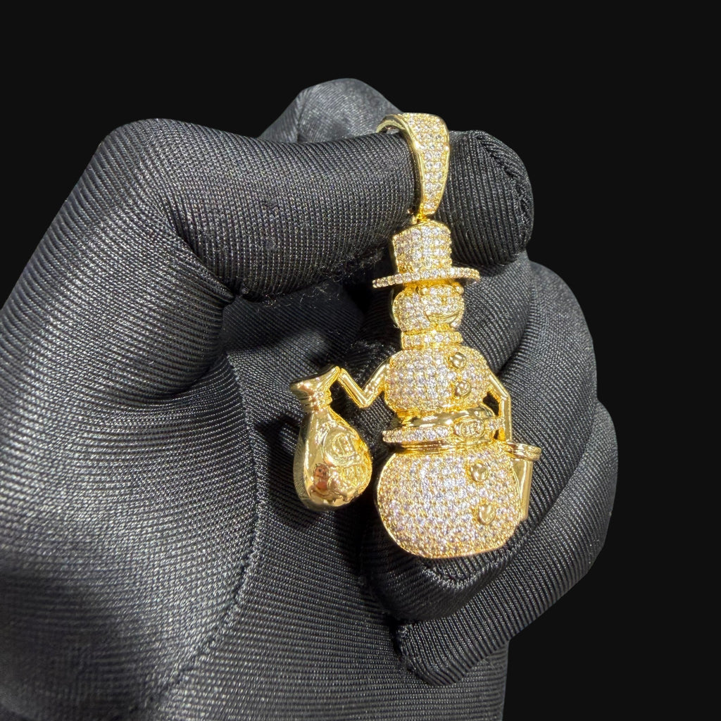 14K Gold Iced Out Snowman Pendant | CZ Diamond Hip Hop Necklace | Money Bag Bling Charm