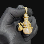 14K Gold Iced Out Snowman Pendant | CZ Diamond Hip Hop Necklace | Money Bag Bling Charm