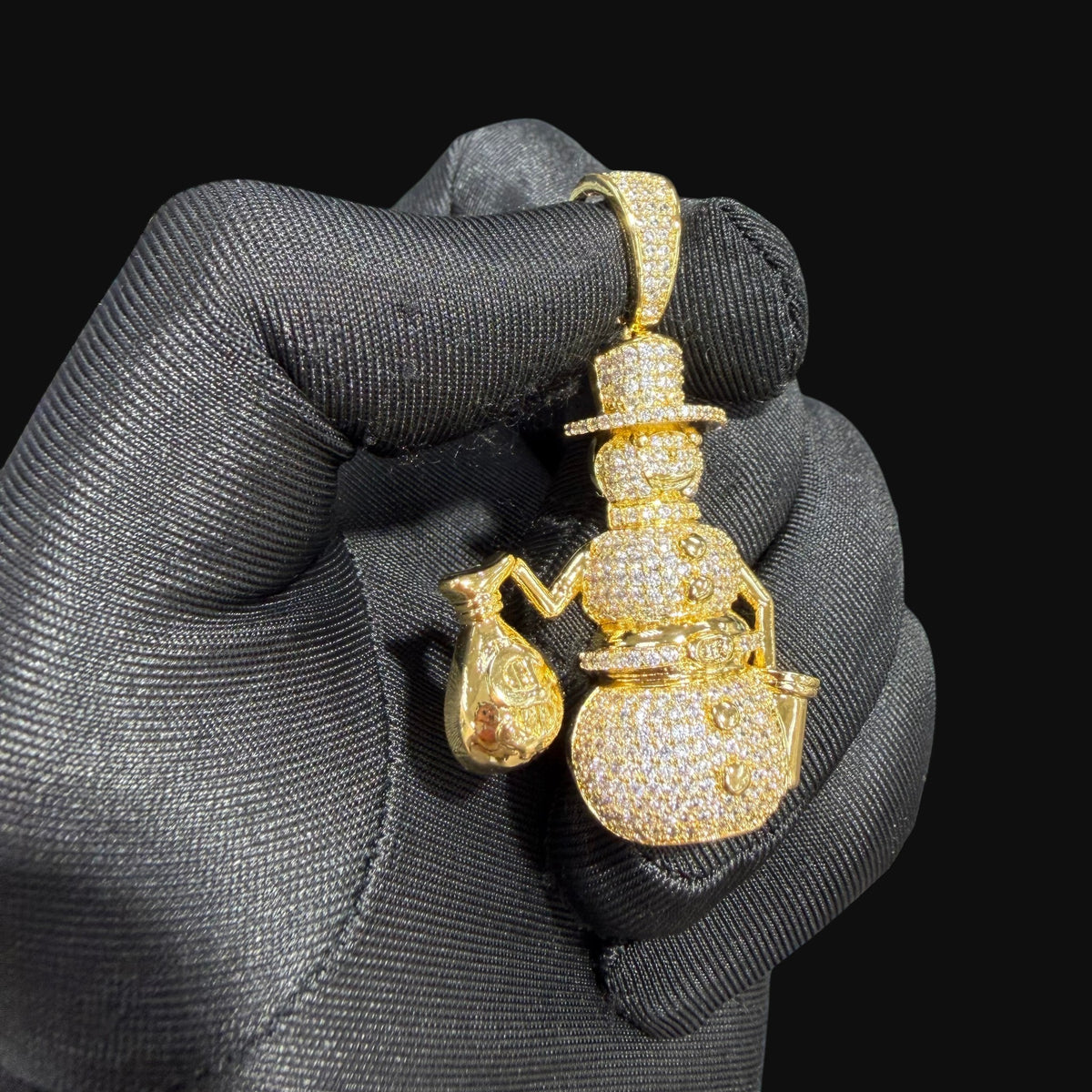 14K Gold Iced Out Snowman Pendant | CZ Diamond Hip Hop Necklace | Money Bag Bling Charm