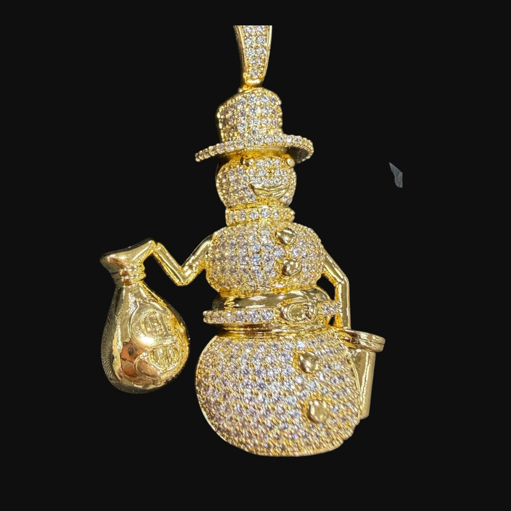 14K Gold Iced Out Snowman Pendant | CZ Diamond Hip Hop Necklace | Money Bag Bling Charm