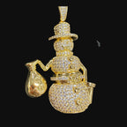 14K Gold Iced Out Snowman Pendant | CZ Diamond Hip Hop Necklace | Money Bag Bling Charm