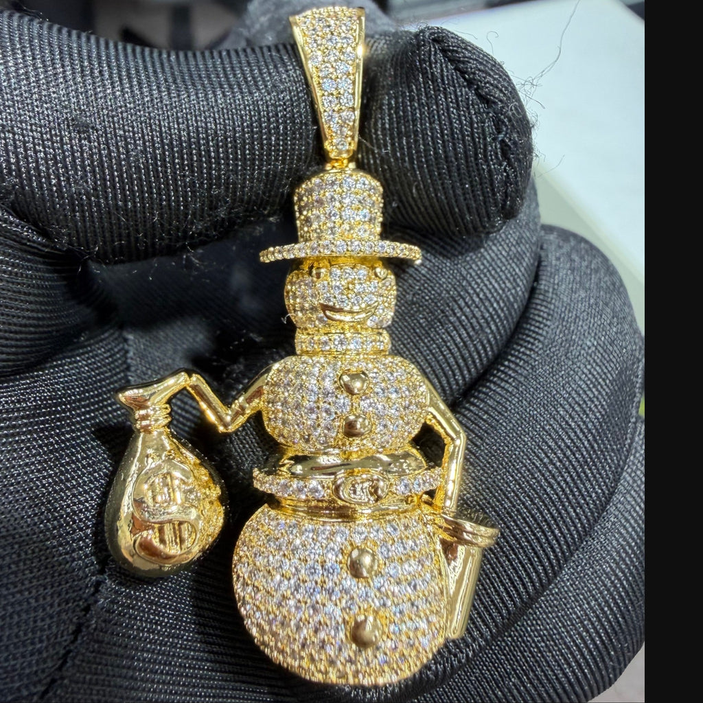 14K Gold Iced Out Snowman Pendant | CZ Diamond Hip Hop Necklace | Money Bag Bling Charm