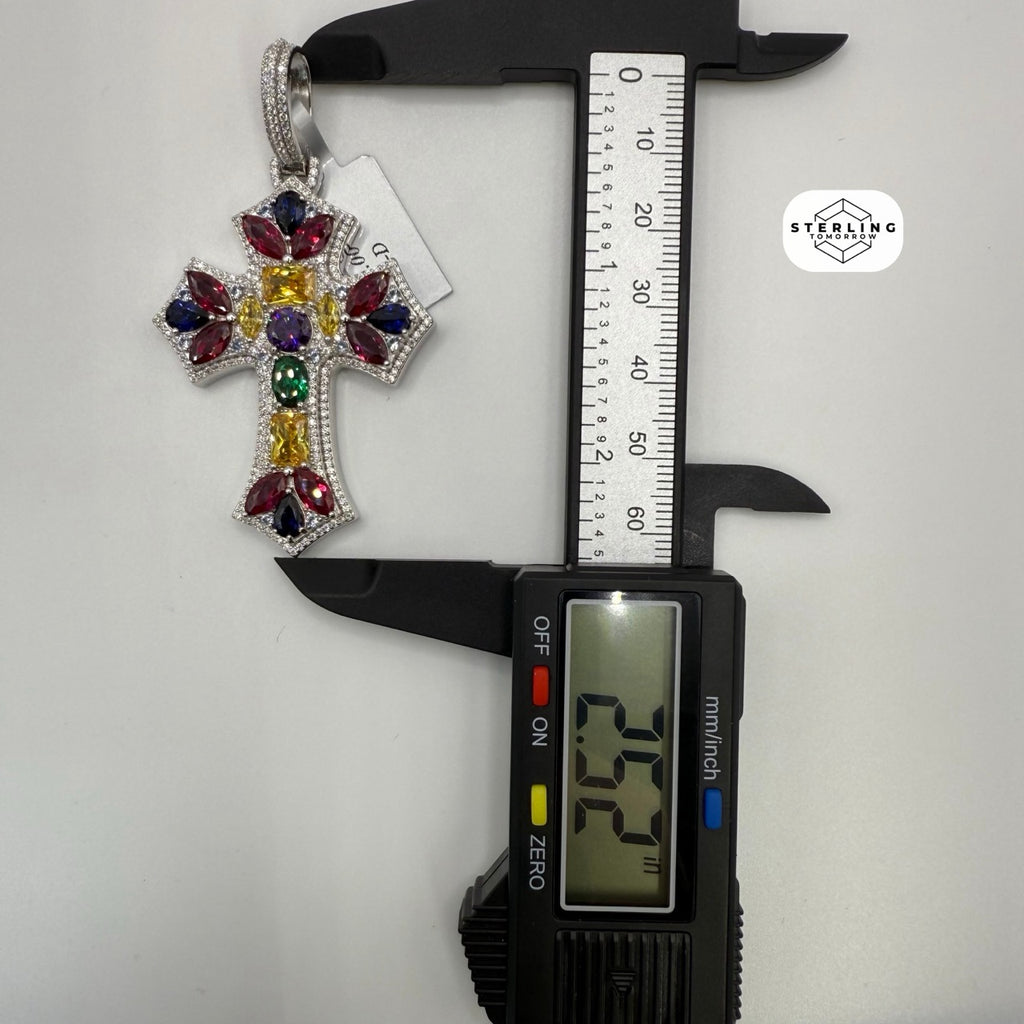 Moissanite Cross Pendant 925 Sterling Silver, Multicolor CZ Gemstone Accent Religious Pendant, Rhodium Plated Iced Out Cross with Free Chain