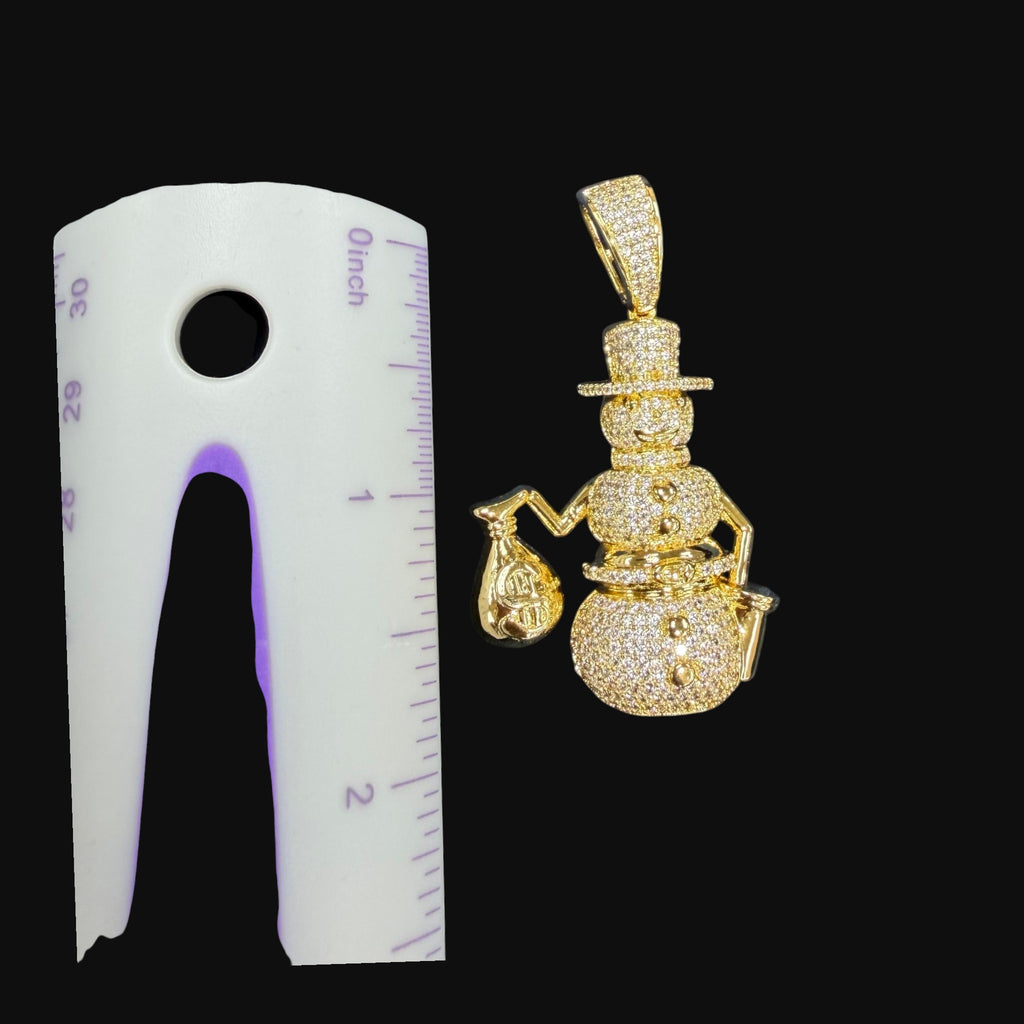 14K Gold Iced Out Snowman Pendant | CZ Diamond Hip Hop Necklace | Money Bag Bling Charm