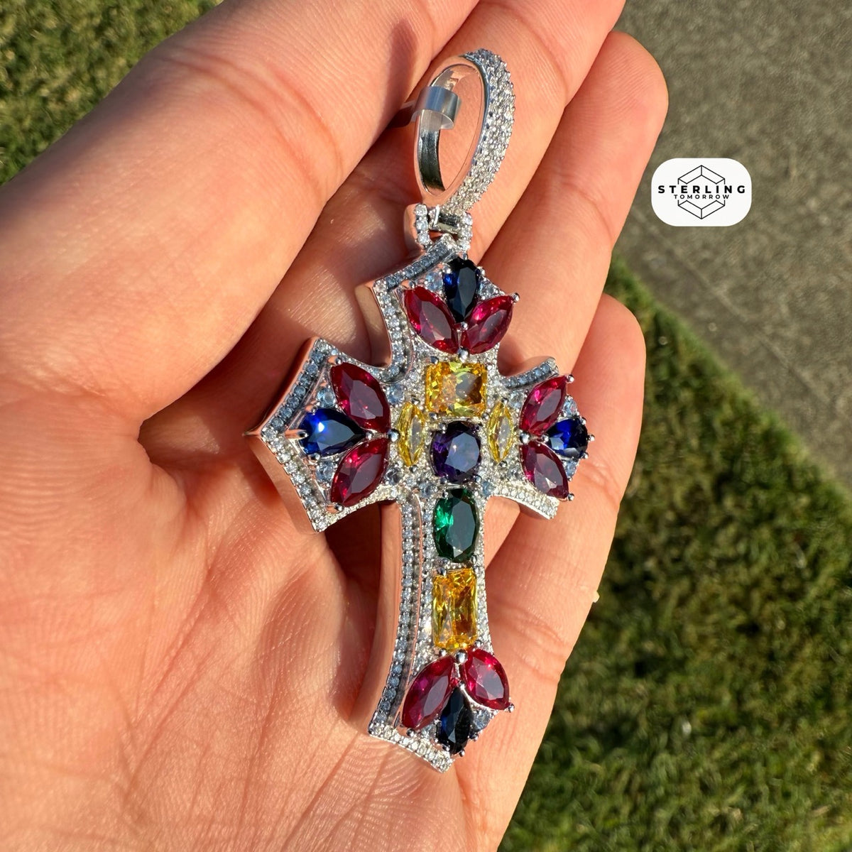 Moissanite Cross Pendant 925 Sterling Silver, Multicolor CZ Gemstone Accent Religious Pendant, Rhodium Plated Iced Out Cross with Free Chain