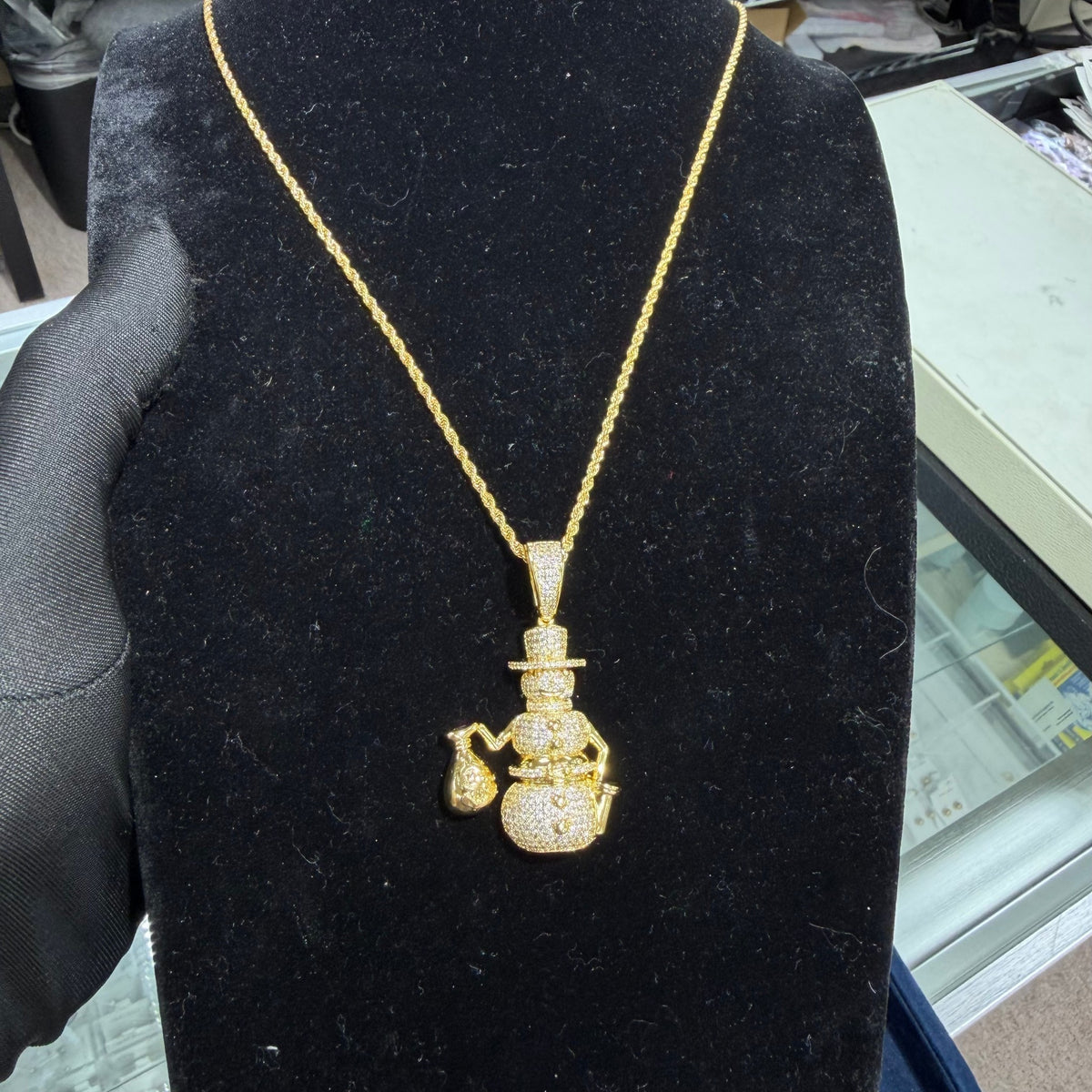 14K Gold Iced Out Snowman Pendant | CZ Diamond Hip Hop Necklace | Money Bag Bling Charm
