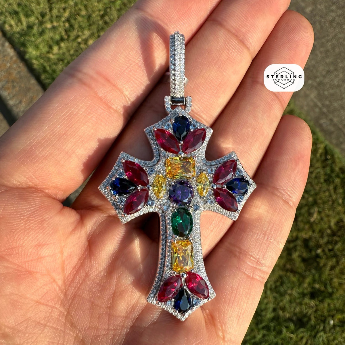Moissanite Cross Pendant 925 Sterling Silver, Multicolor CZ Gemstone Accent Religious Pendant, Rhodium Plated Iced Out Cross with Free Chain