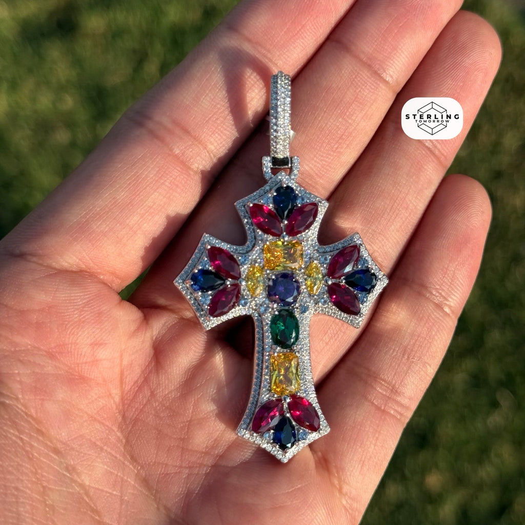 Moissanite Cross Pendant 925 Sterling Silver, Multicolor CZ Gemstone Accent Religious Pendant, Rhodium Plated Iced Out Cross with Free Chain
