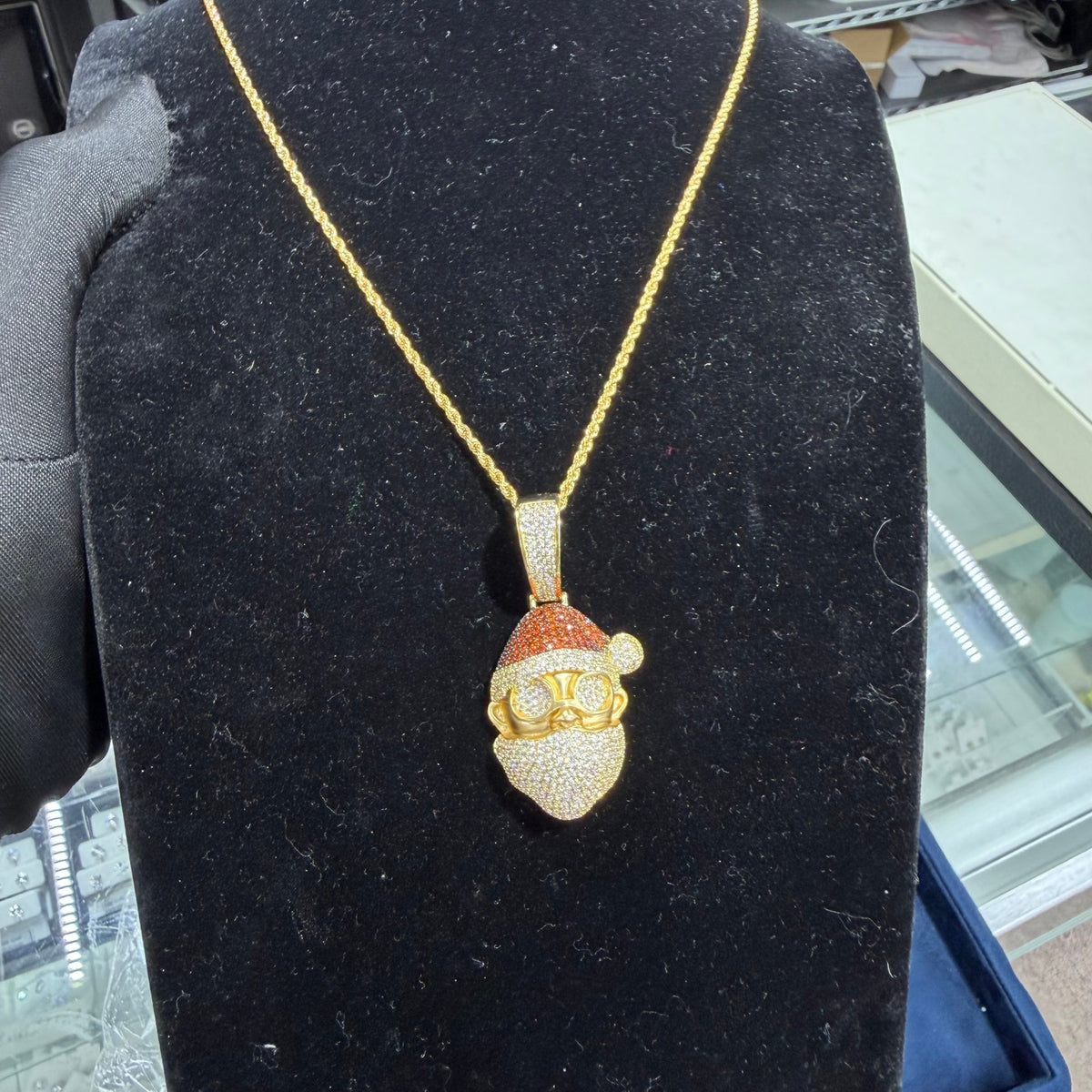 14K Gold Iced Out Santa Pendant | CZ Diamond Hip Hop Necklace | Christmas Bling Charm