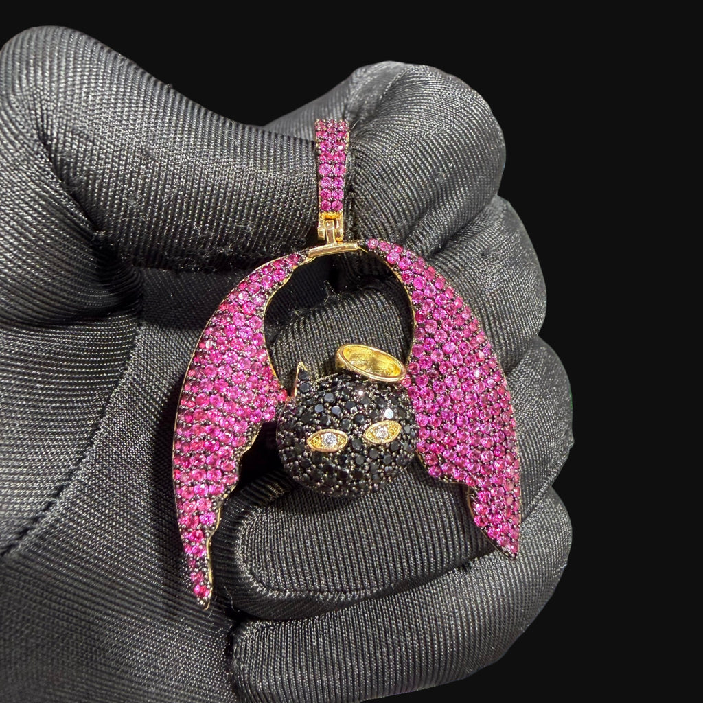 Pink Angel Devil Bat Pendant Iced Out CZ Necklace Gold Hip Hop Statement Charm with Free Rope Chain