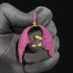 Pink Angel Devil Bat Pendant Iced Out CZ Necklace Gold Hip Hop Statement Charm with Free Rope Chain