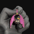 Pink Angel Devil Bat Pendant Iced Out CZ Necklace Gold Hip Hop Statement Charm with Free Rope Chain