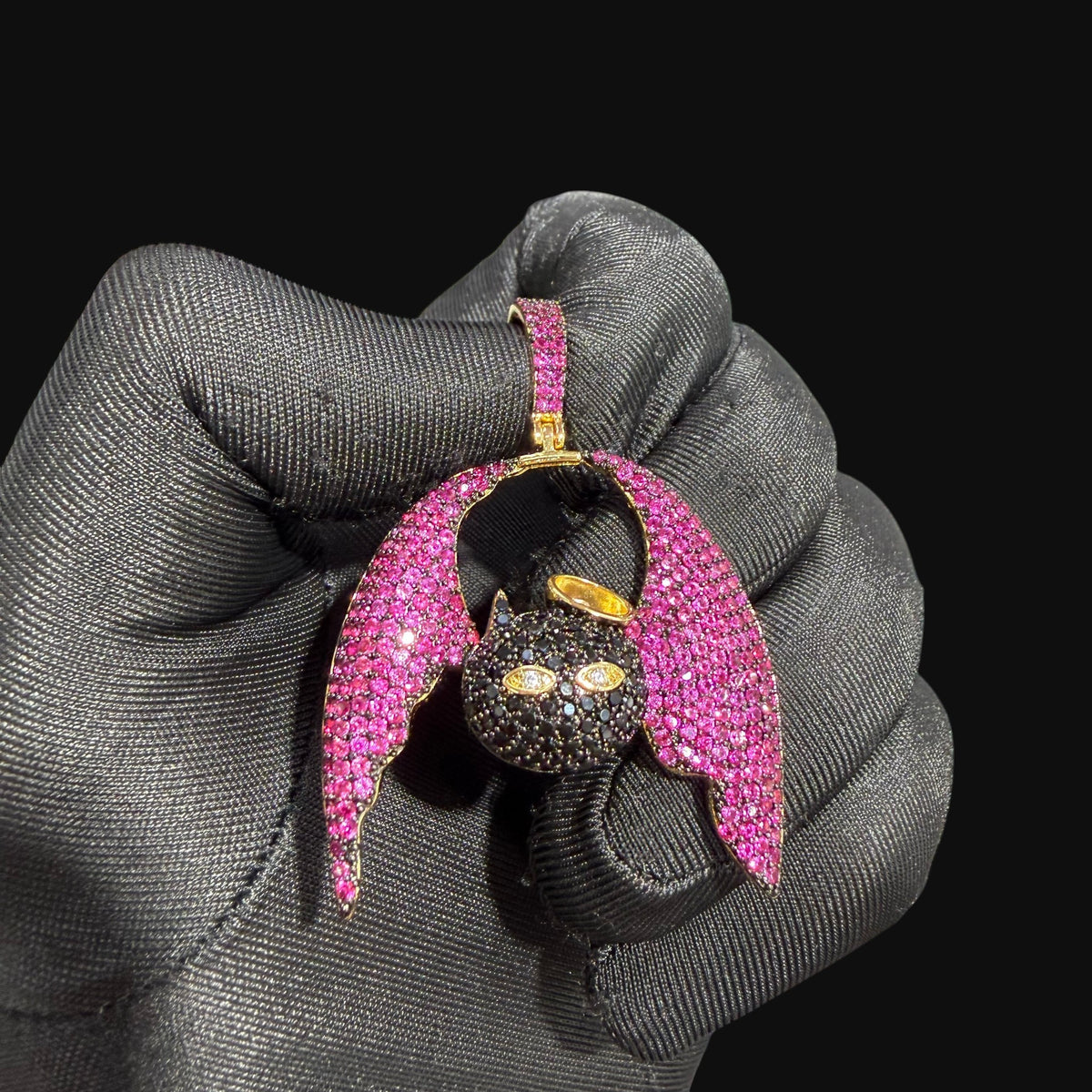Pink Angel Devil Bat Pendant Iced Out CZ Necklace Gold Hip Hop Statement Charm with Free Rope Chain