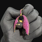 Pink Angel Devil Bat Pendant Iced Out CZ Necklace Gold Hip Hop Statement Charm with Free Rope Chain