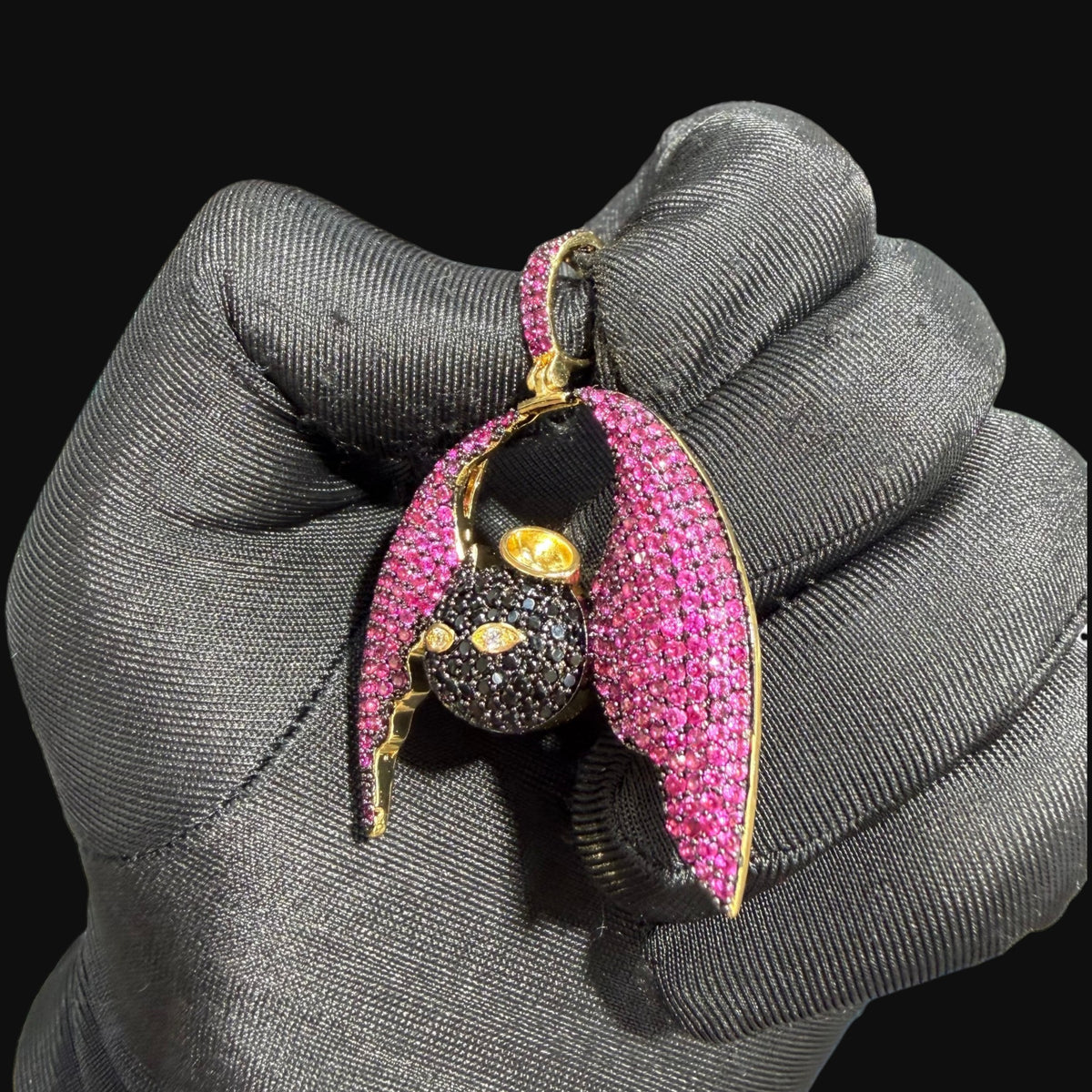 Pink Angel Devil Bat Pendant Iced Out CZ Necklace Gold Hip Hop Statement Charm with Free Rope Chain