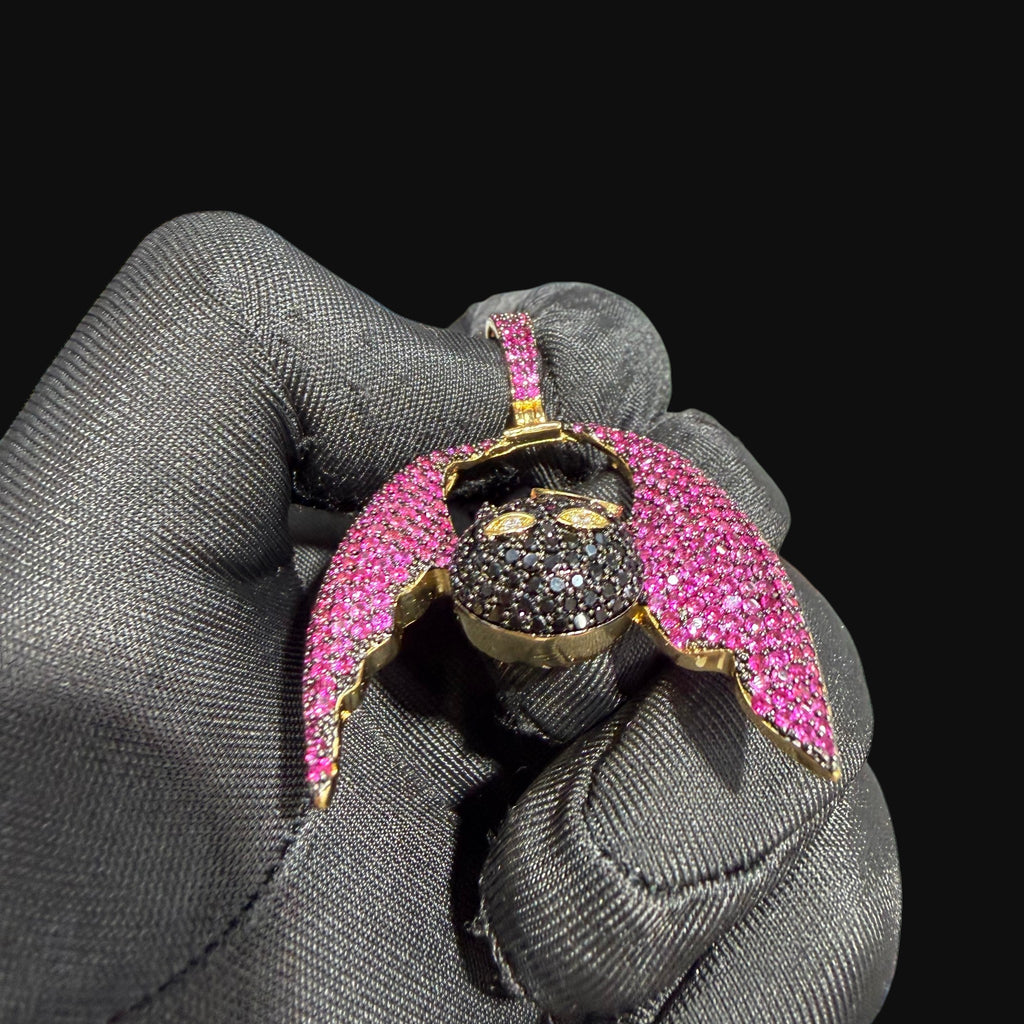 Pink Angel Devil Bat Pendant Iced Out CZ Necklace Gold Hip Hop Statement Charm with Free Rope Chain