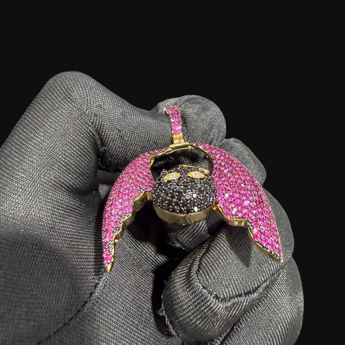Pink Angel Devil Bat Pendant Iced Out CZ Necklace Gold Hip Hop Statement Charm with Free Rope Chain