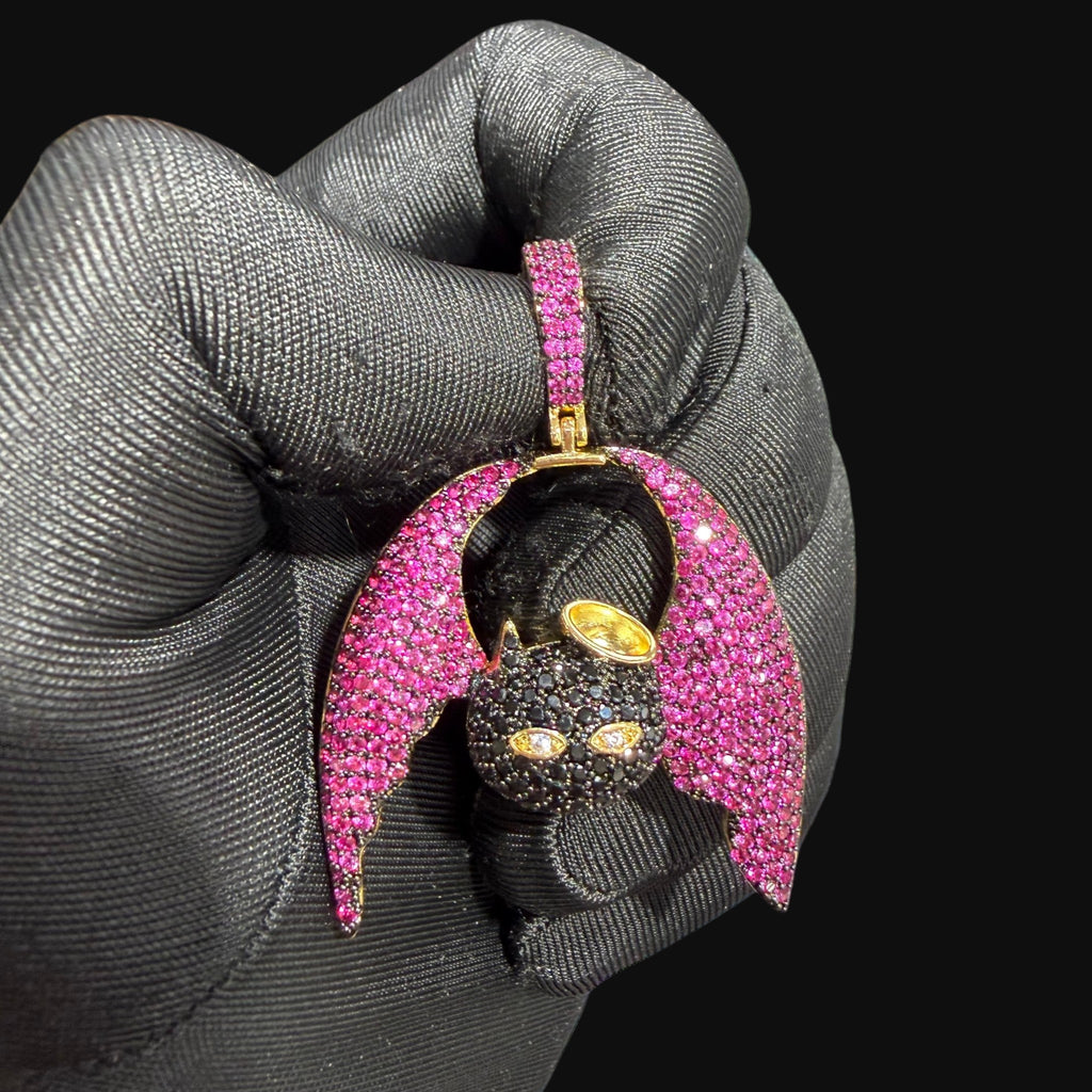 Pink Angel Devil Bat Pendant Iced Out CZ Necklace Gold Hip Hop Statement Charm with Free Rope Chain