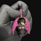 Pink Angel Devil Bat Pendant Iced Out CZ Necklace Gold Hip Hop Statement Charm with Free Rope Chain