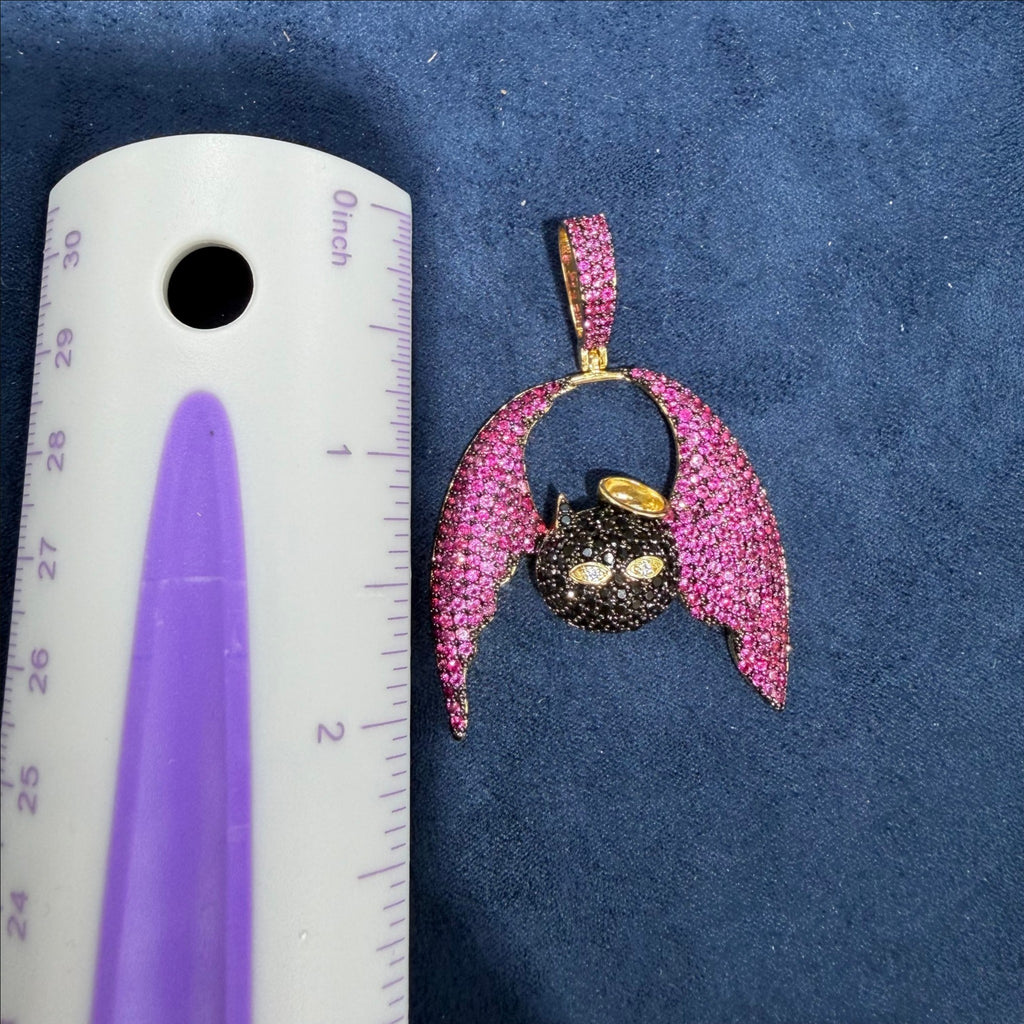 Pink Angel Devil Bat Pendant Iced Out CZ Necklace Gold Hip Hop Statement Charm with Free Rope Chain