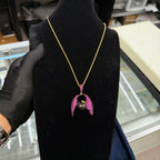 Pink Angel Devil Bat Pendant Iced Out CZ Necklace Gold Hip Hop Statement Charm with Free Rope Chain