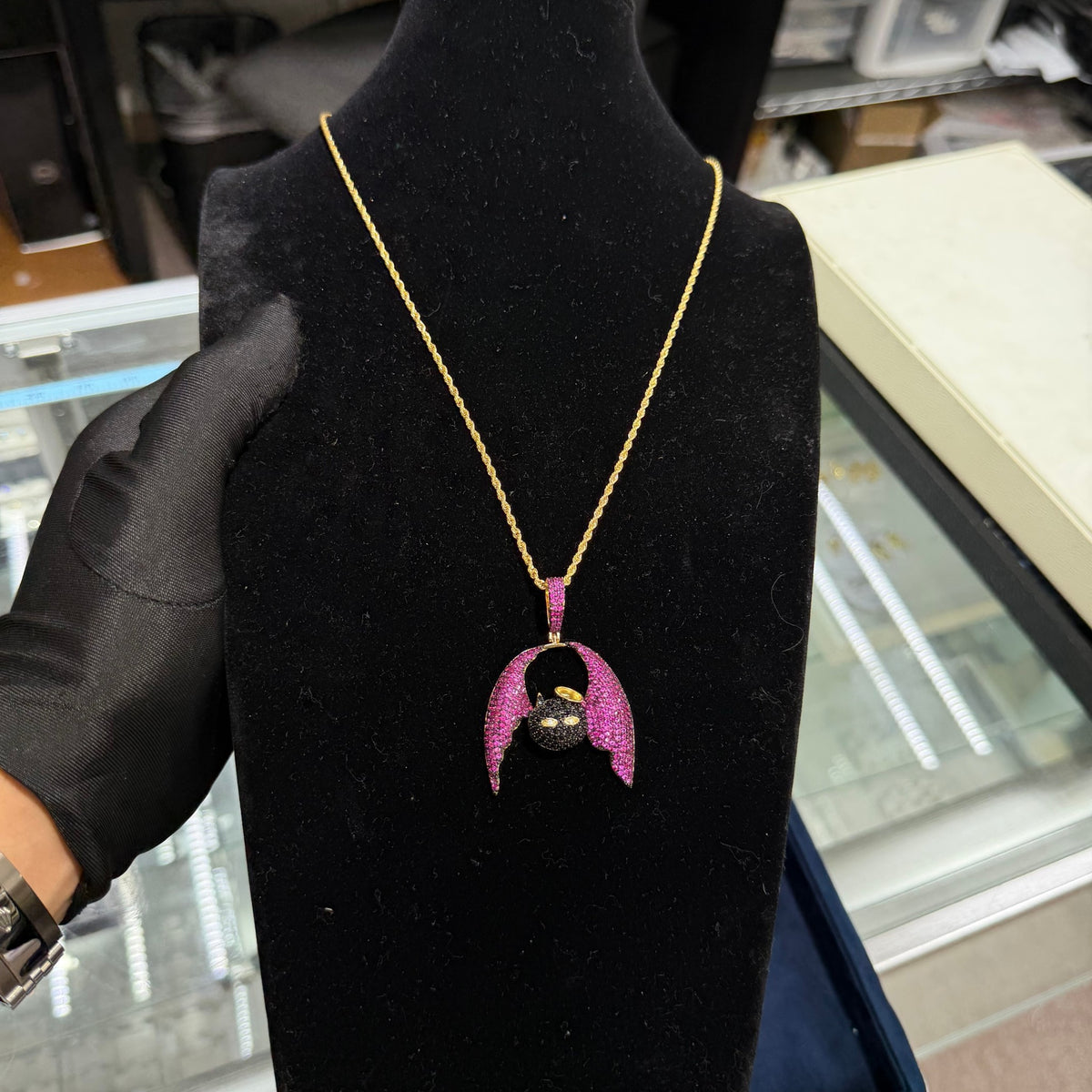 Pink Angel Devil Bat Pendant Iced Out CZ Necklace Gold Hip Hop Statement Charm with Free Rope Chain