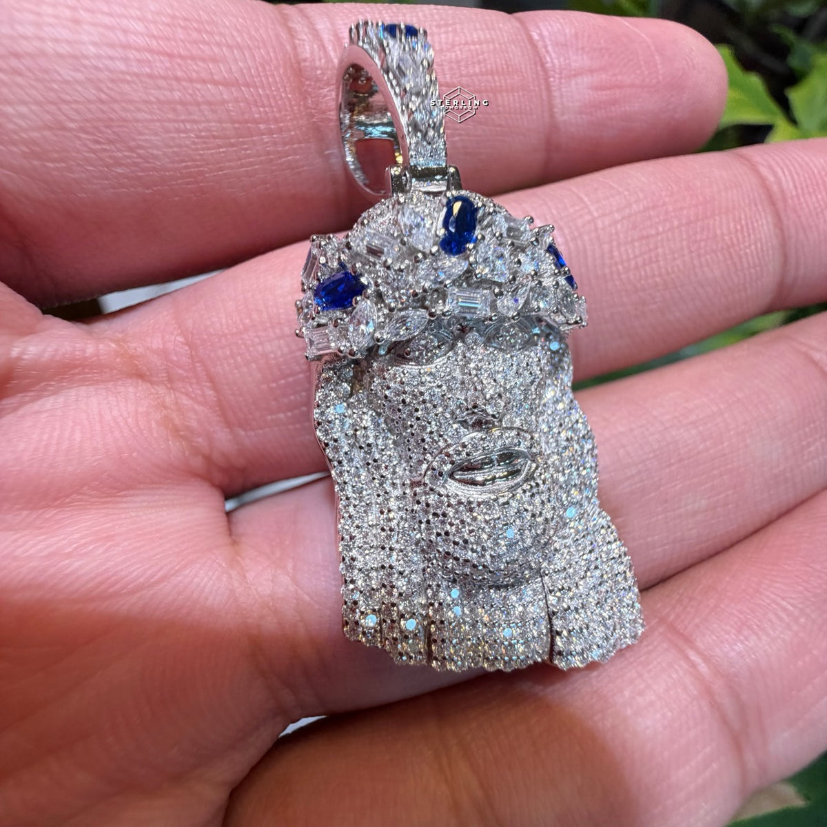 Moissanite Jesus Blue Crown 1.5" Pendant