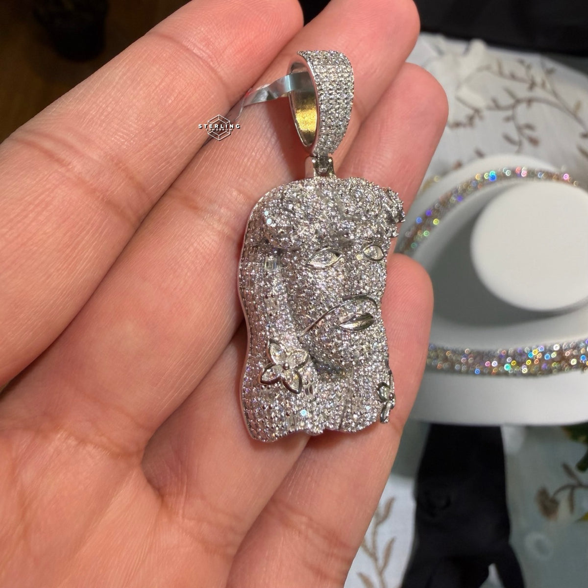 Moissanite Jesus Flower Pendant + Rope Chain
