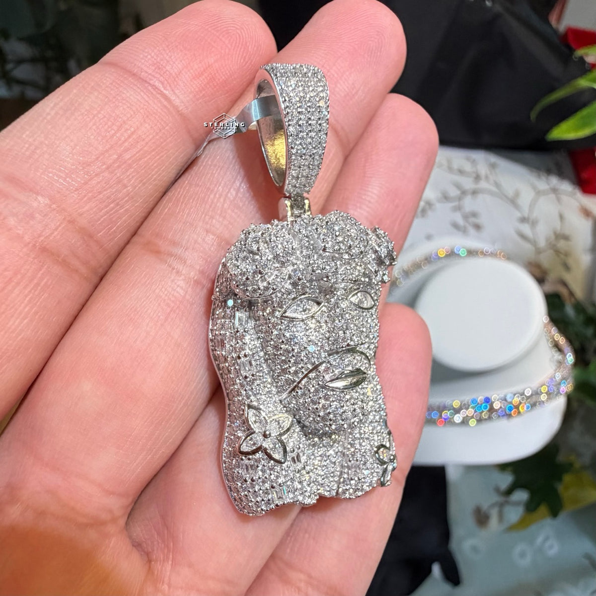 Moissanite Jesus Flower Pendant + Rope Chain